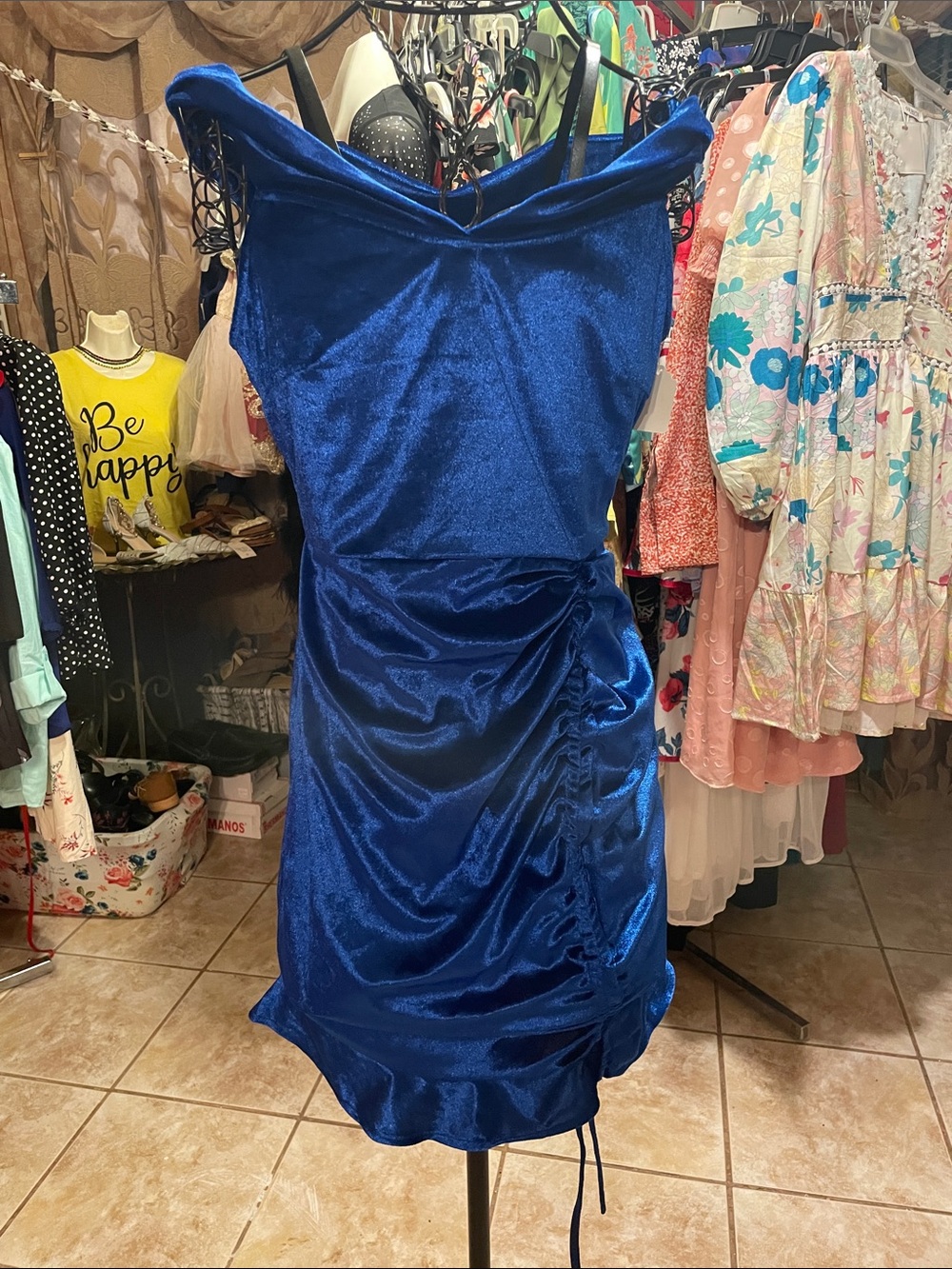 Elegant Royal Blue velvet Satin Ruched Off-Shoulder Dress